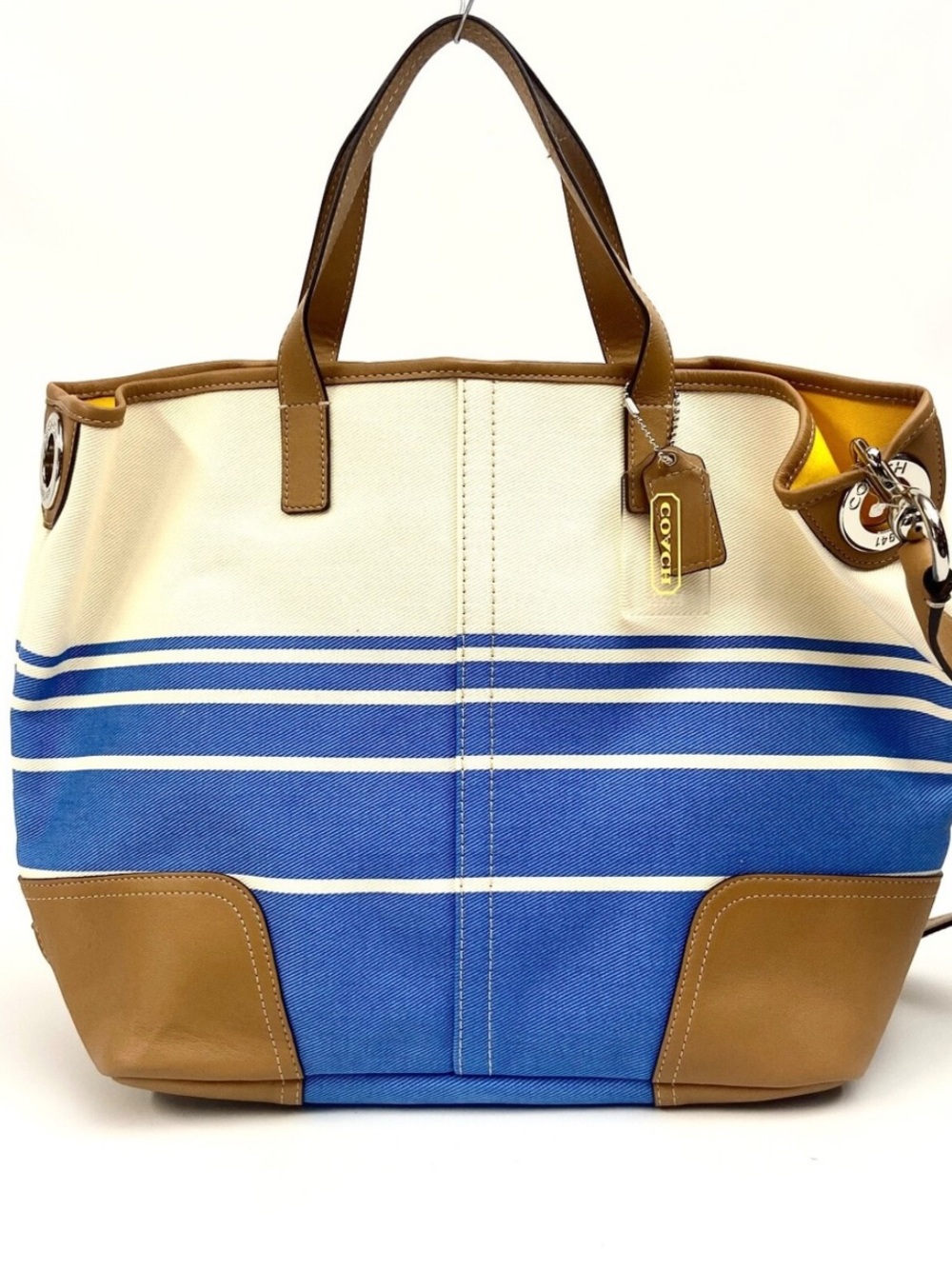 Coach Hadley Blue & Cream Striped Canvas Tote/Duffle with Tan Leather Trim